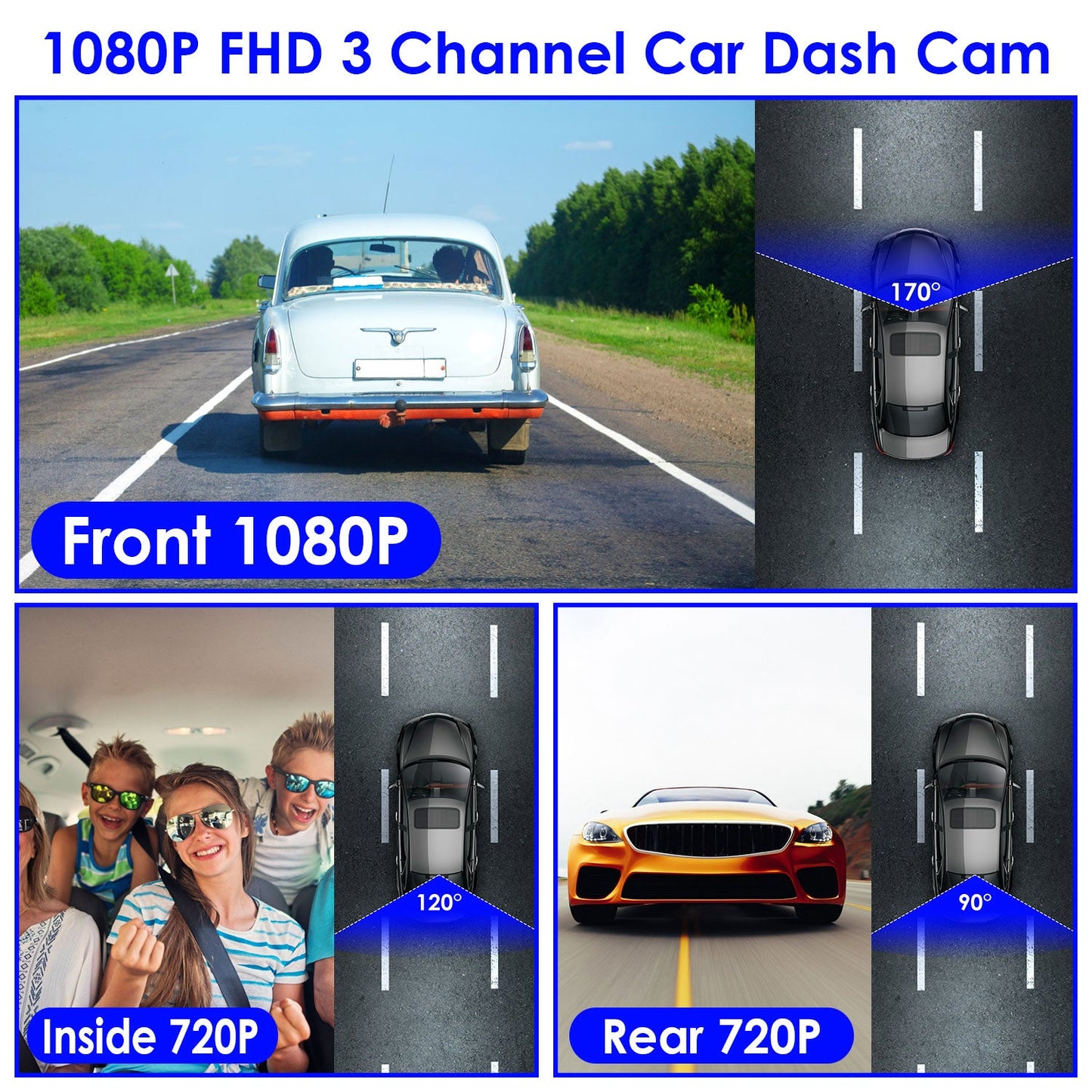 1Pc WiFi FHD 1080P Car Dash Cam 3 Channels Front Rear Inside Dash
