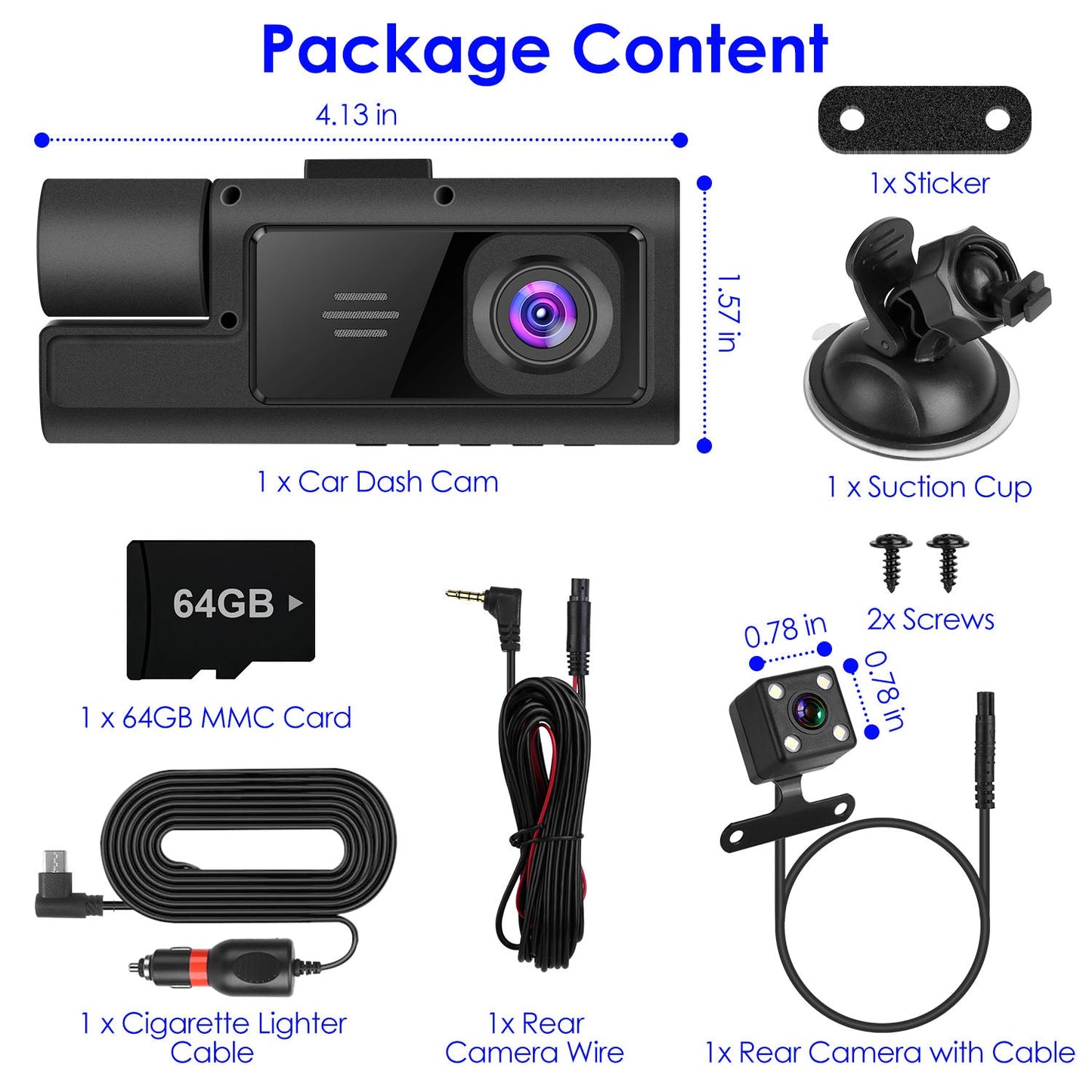 1Pc WiFi FHD 1080P Car Dash Cam 3 Channels Front Rear Inside Dash