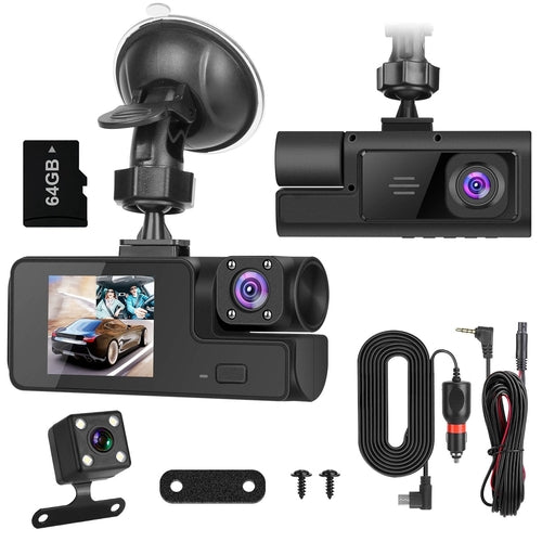 1Pc WiFi FHD 1080P Car Dash Cam 3 Channels Front Rear Inside Dash