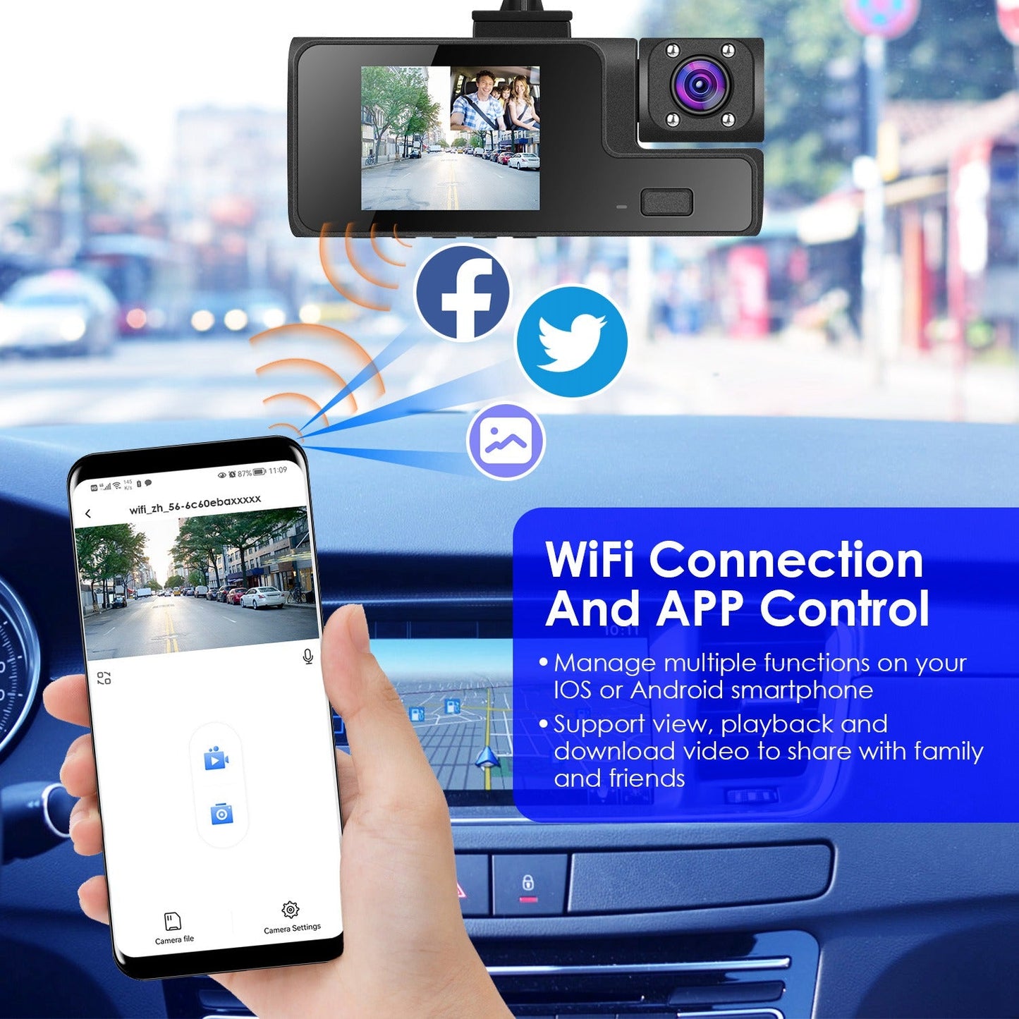 1Pc WiFi FHD 1080P Car Dash Cam 3 Channels Front Rear Inside Dash