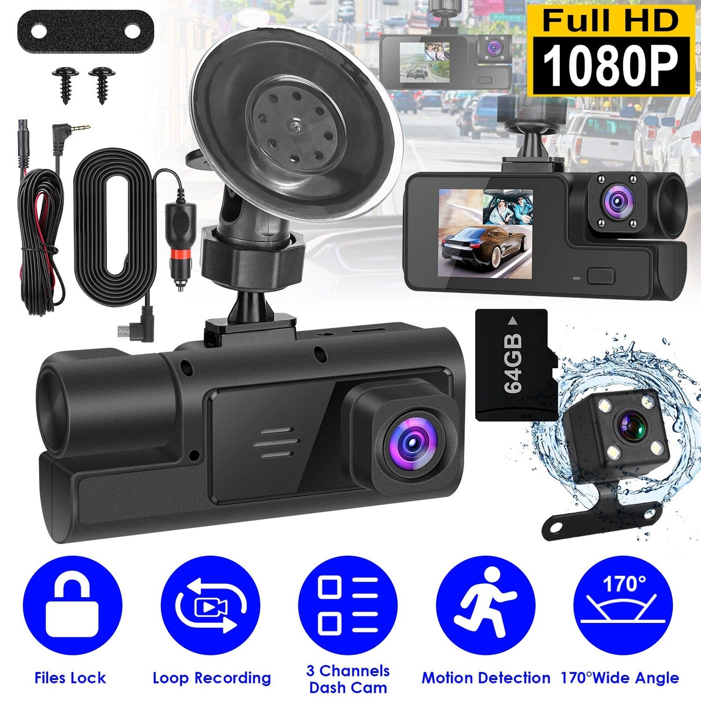 1Pc WiFi FHD 1080P Car Dash Cam 3 Channels Front Rear Inside Dash
