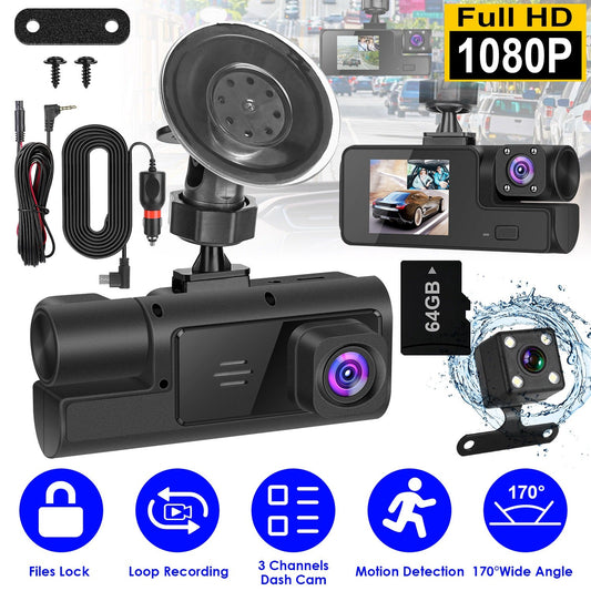 1Pc WiFi FHD 1080P Car Dash Cam 3 Channels Front Rear Inside Dash