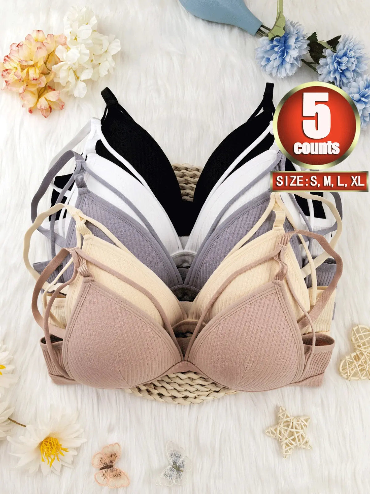 Women'S Plain Wireless Fitted Knit Everyday Bra, Soft Comfortable Adjustable Strap Bra for Daily Wear, Ladies Lingerie for All Seasons, Underwear, Casual, Adjustable Strap Bralette, Cutout Bra