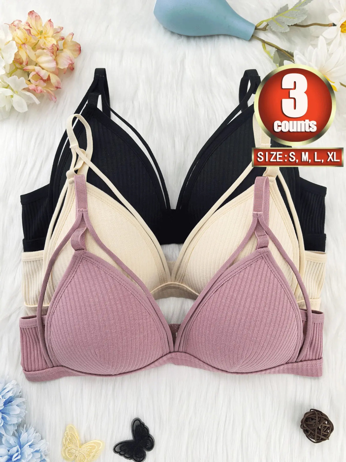 Women'S Plain Wireless Fitted Knit Everyday Bra, Soft Comfortable Adjustable Strap Bra for Daily Wear, Ladies Lingerie for All Seasons, Underwear, Casual, Adjustable Strap Bralette, Cutout Bra