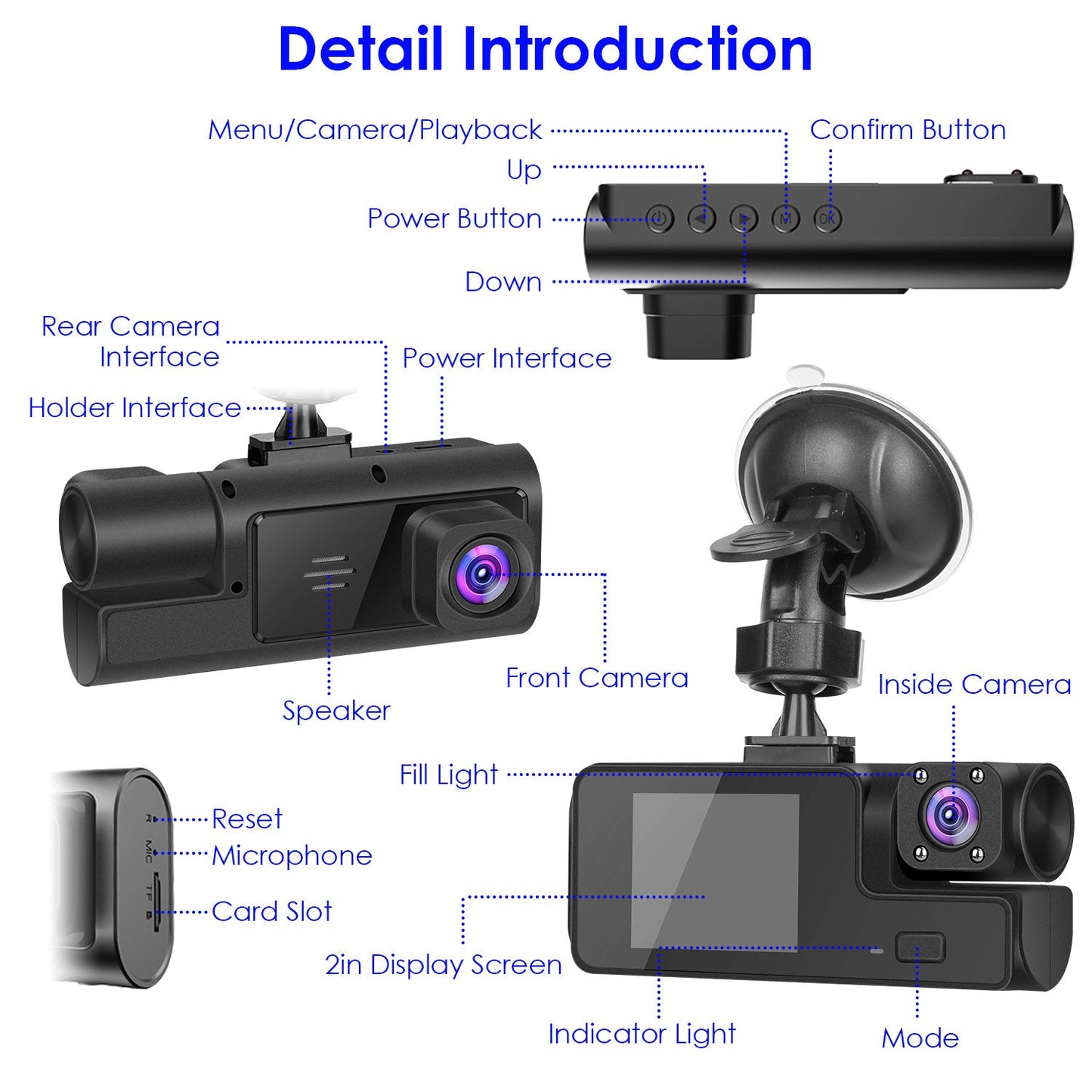1Pc WiFi FHD 1080P Car Dash Cam 3 Channels Front Rear Inside Dash