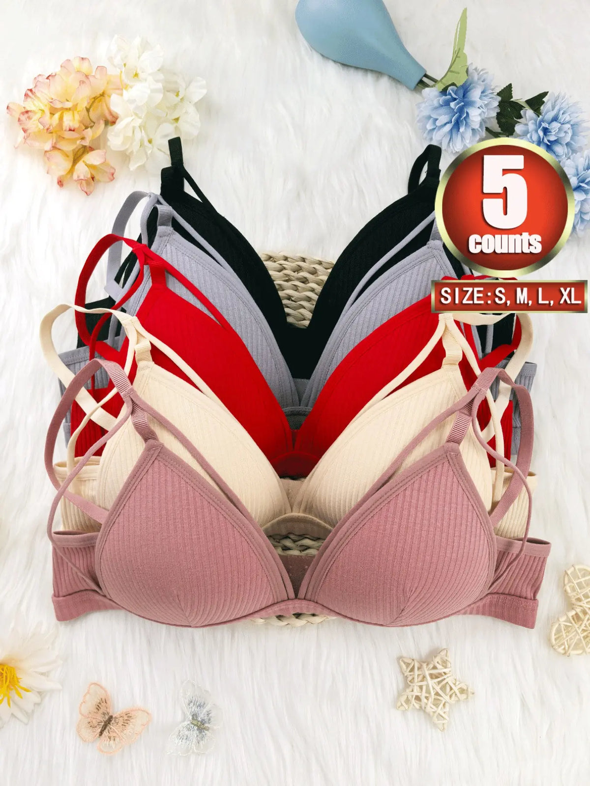 Women'S Plain Wireless Fitted Knit Everyday Bra, Soft Comfortable Adjustable Strap Bra for Daily Wear, Ladies Lingerie for All Seasons, Underwear, Casual, Adjustable Strap Bralette, Cutout Bra