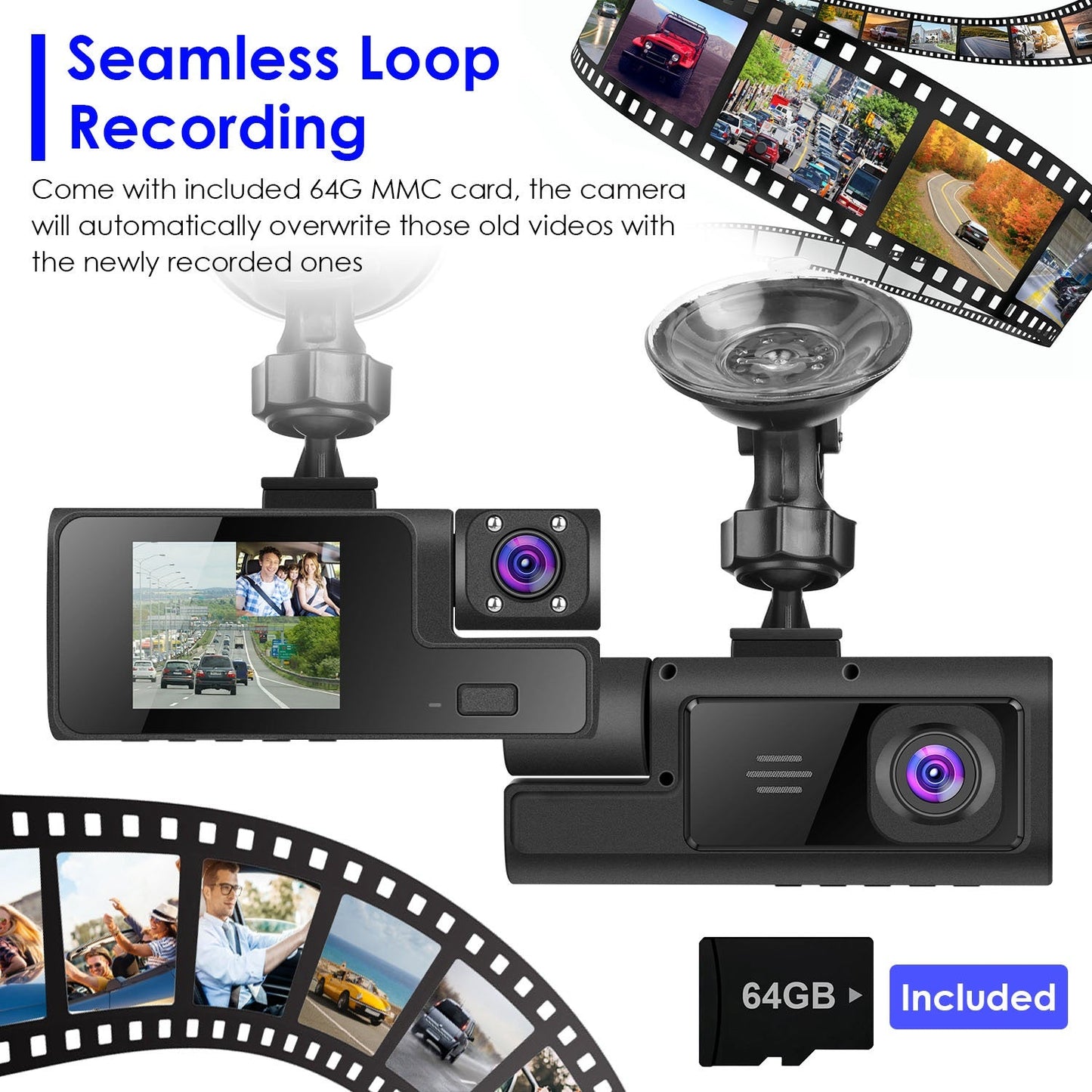 1Pc WiFi FHD 1080P Car Dash Cam 3 Channels Front Rear Inside Dash