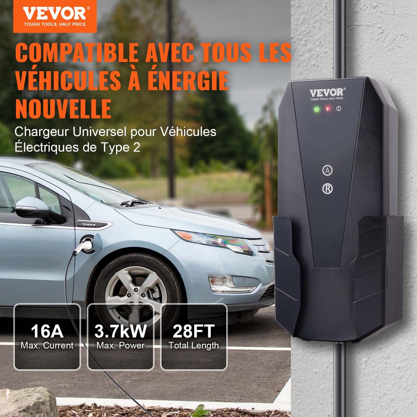 Chargeur EV portable Type 2, 16A 3,7 kW, chargeur pour voiture électrique