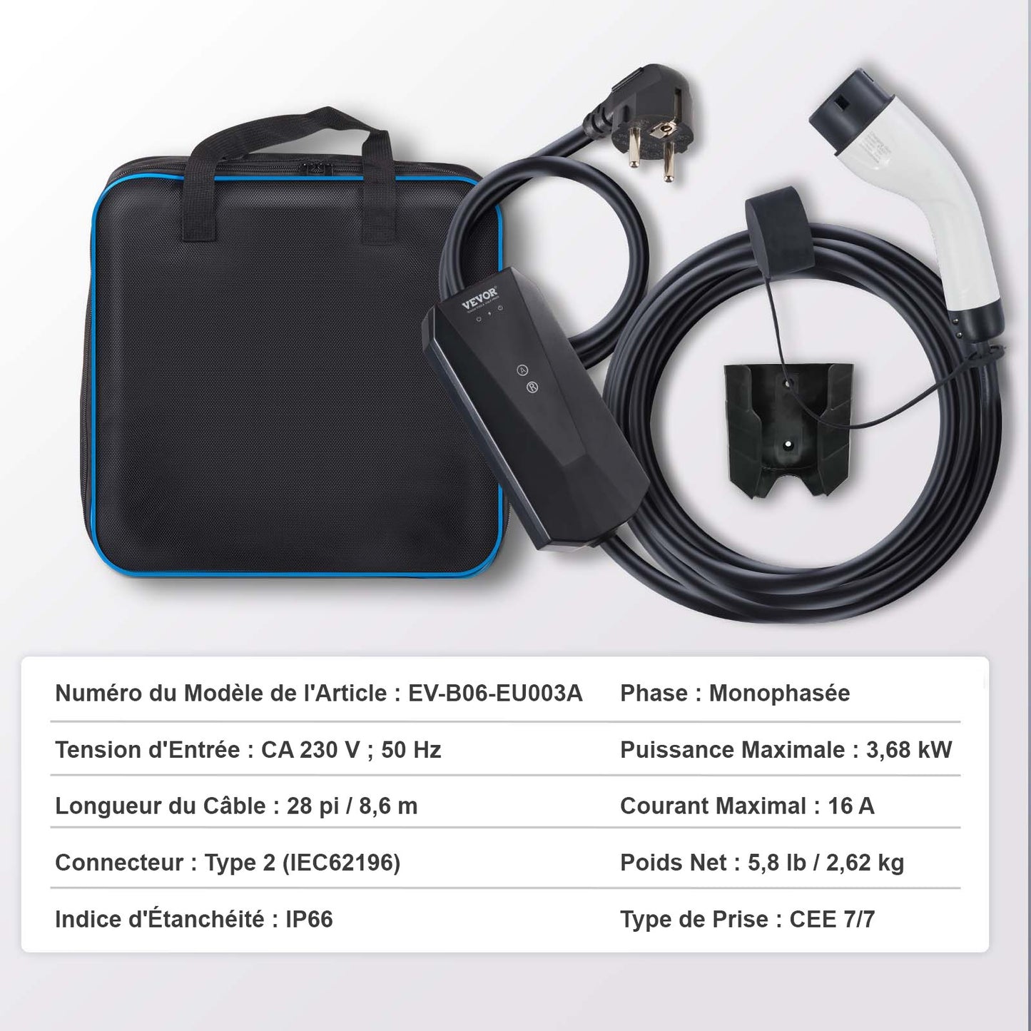Chargeur EV portable Type 2, 16A 3,7 kW, chargeur pour voiture électrique
